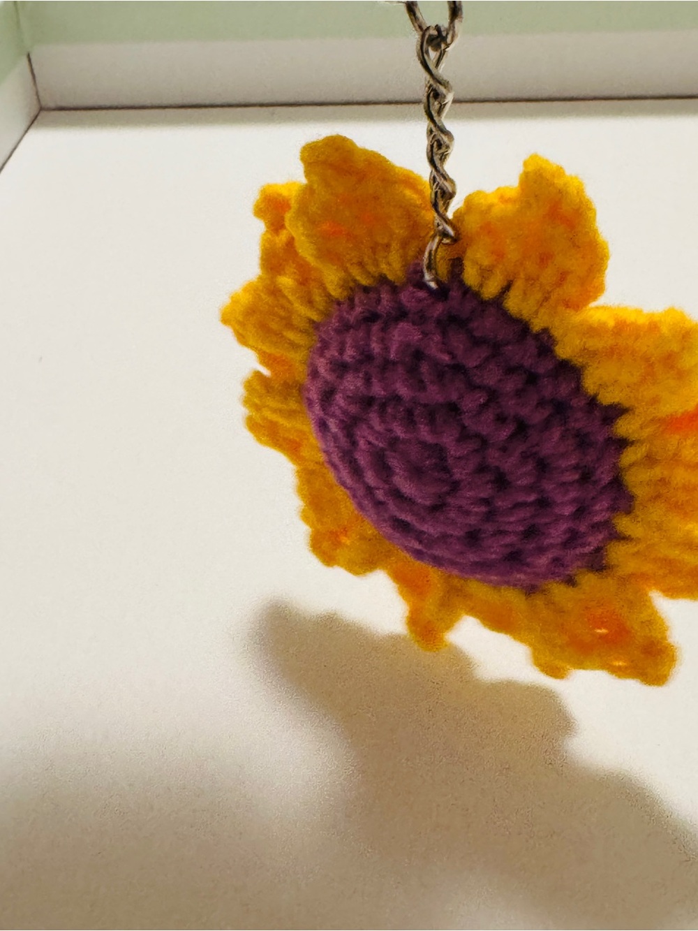 Handmade Yellow Sunflower Keychain with Purple Center - Picture 5 of 7